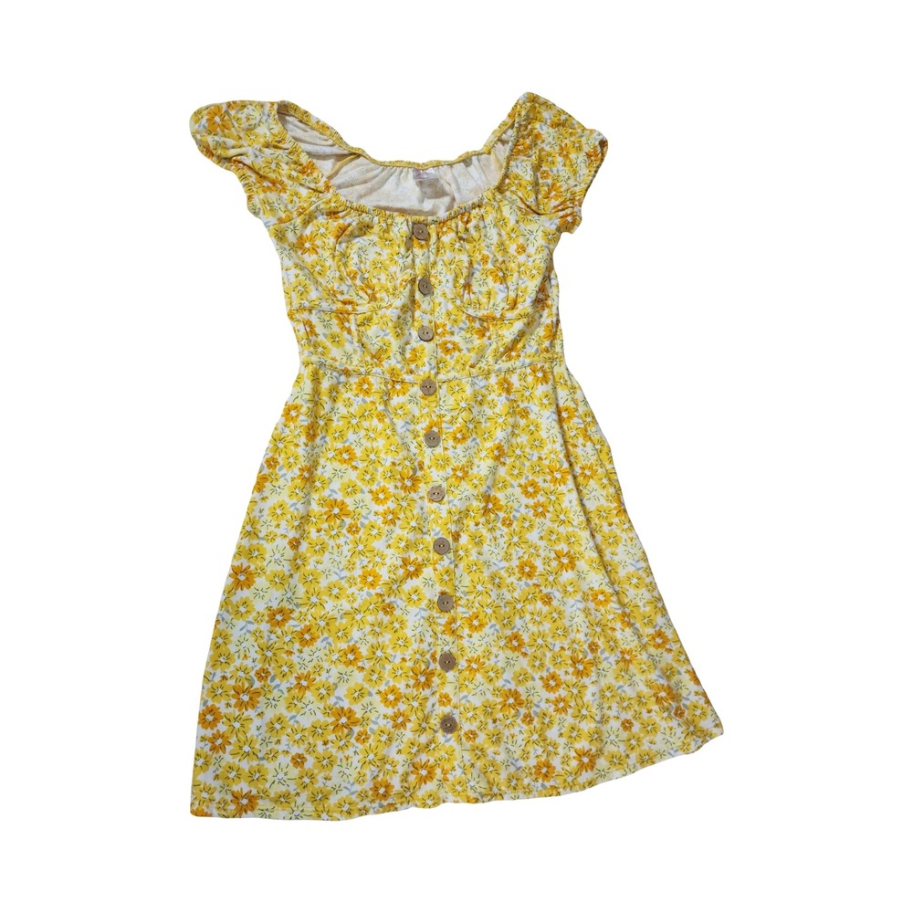 No Boundaries Yellow Floral Flowers Milkmaid Mini Dress Size M 7-9 Button Cap